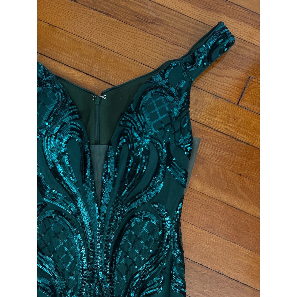 Jovani Emerald Green Sequin Feather Trim Mermaid Evening Gown Dress 6 - Picture 4 of 10